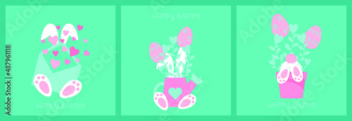 Happy easter collection with rabbit paws in pot,pastel colorful eggs and simple flowers compositions.Cute holiday vector illustration.For invitation,postcard,print,sticker,banner,poster and others.
