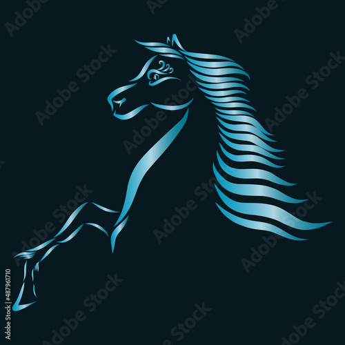 playful horse turquoise color with a wavy mane raises a hoof