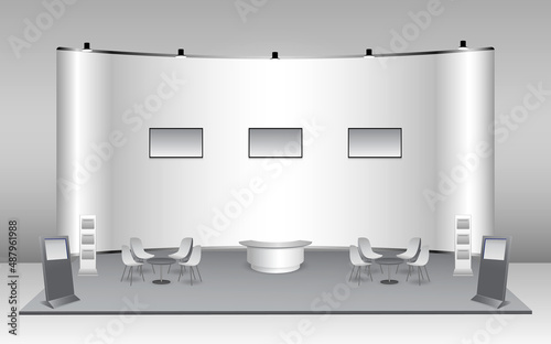 set of realistic trade exhibition stand or white blank exhibition kiosk or stand booth corporate commercial. eps vector
