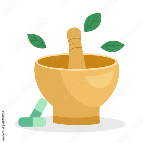 Herbal medicine recipe concept vector illustration on white background. Herbs with mortar and capsules in flat design.