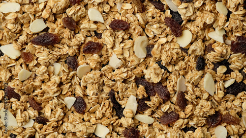 Breakfast oat cereals, muesli top view. Healthy granola, morning energy, weight loosing concept