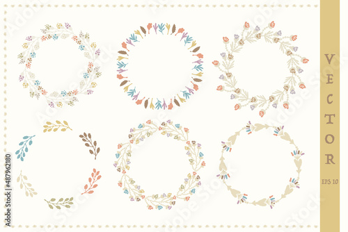 Whimsical pastel botanical circle icon element set. Floral wreath vector motifs for gender neutral baby collection. Simple hand drawn minimal small decorative flowers, leaf, doodle polka dot drawing.