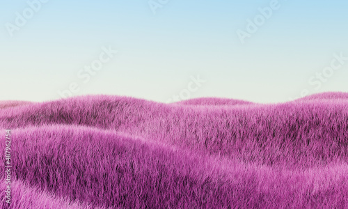 Pink  grass field. Summer landscape scene mockup. 3d illustration