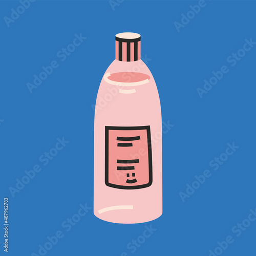 Cosmetic bottle with micellar water, tonic, shampoo or other liquid, cartoon style. Skin care, hand drawn, flat design.
