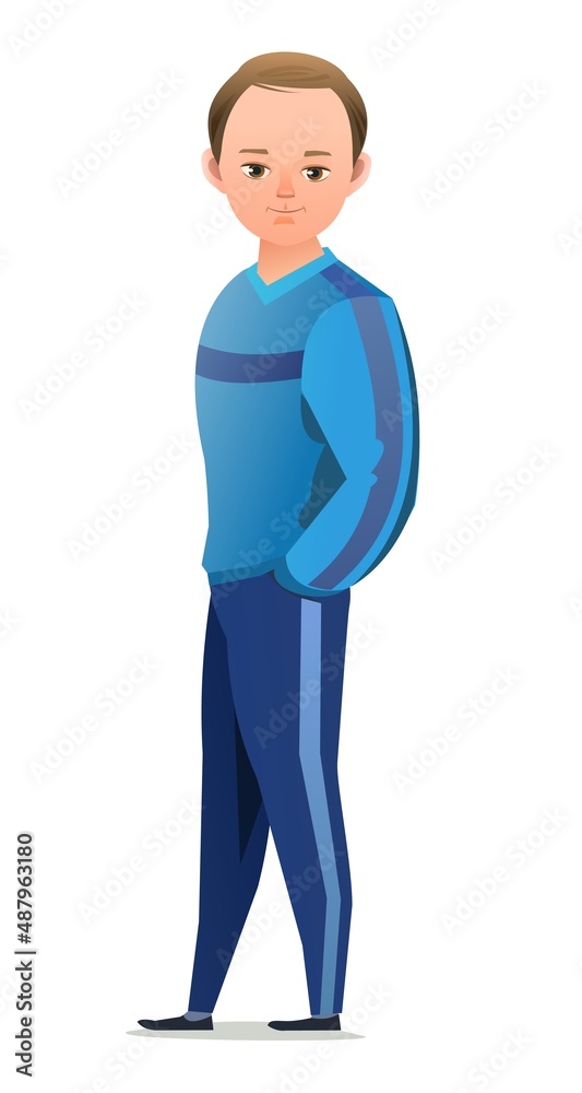 Little boy in tracksuit. Guy got ready for sports activities. Cheerful person. Standing pose. Cartoon comic style flat design. Single character. Illustration isolated on white background. Vector Little boy in tracksuit. Guy got ready for sports activities. Cheerful person. Standing pose. Cartoon comic style flat design. Single character. Illustration isolated on white background. Vector