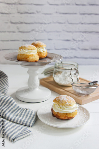 Fastelavn buns sweet powder traditional nordic food. photo