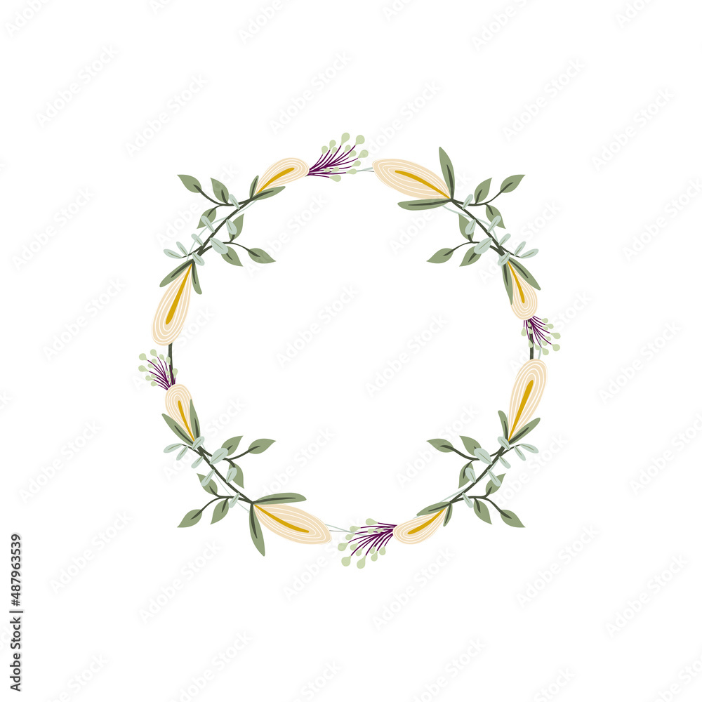 Iris, eucalyptus and snowberry flower wreath. Green decorative ivy. Spring floral round frames. Creeper plant flat vector illustration