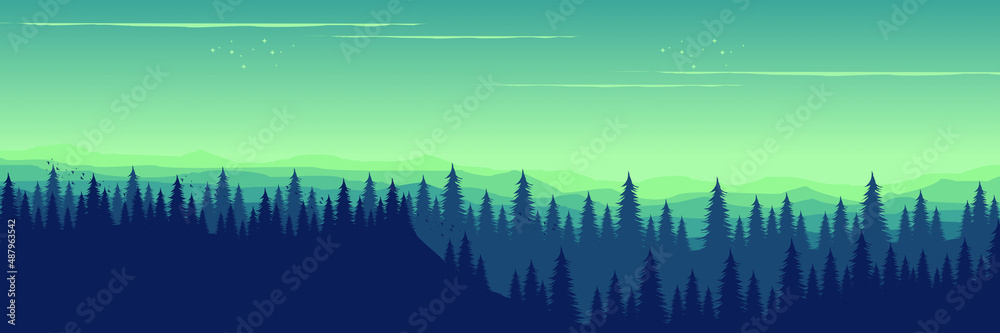 sunset at mountain forest landscape flat design vector illustration good for wallpaper, backdrop, background, web banner, and design template
