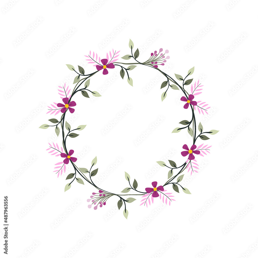 Pink Fern, Iris and Lavender flower wreath. Green decorative ivy. Spring floral round frames. Creeper plant flat vector illustration