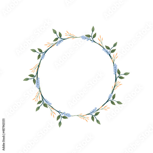 Larkspur and Pampas grass flower wreath. Green decorative ivy. Spring floral round frames. Creeper plant flat vector illustration