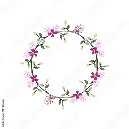 Pink Fern  Iris and Lavender flower wreath. Green decorative ivy. Spring floral round frames. Creeper plant flat vector illustration