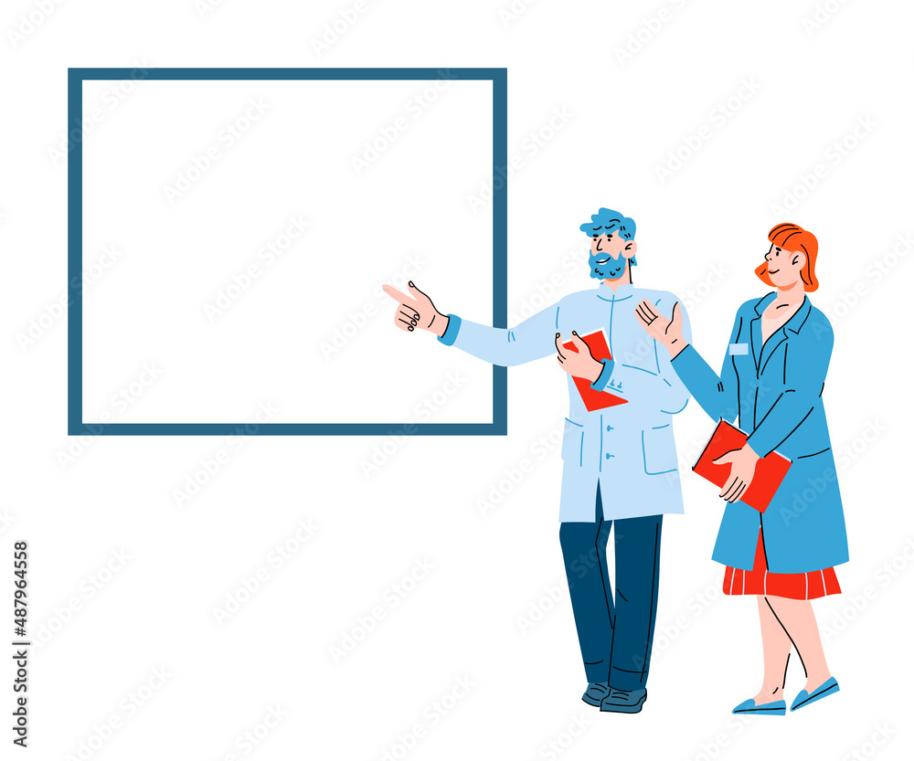 Clinic or pharmacy professionals point blank banner, flat cartoon vector isolated.