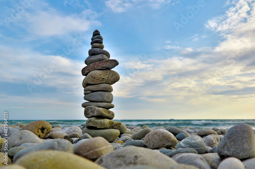 Pyramid of pebbles on the shore of the Black Sea