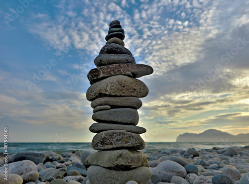 Pyramid of pebbles on the shore of the Black Sea