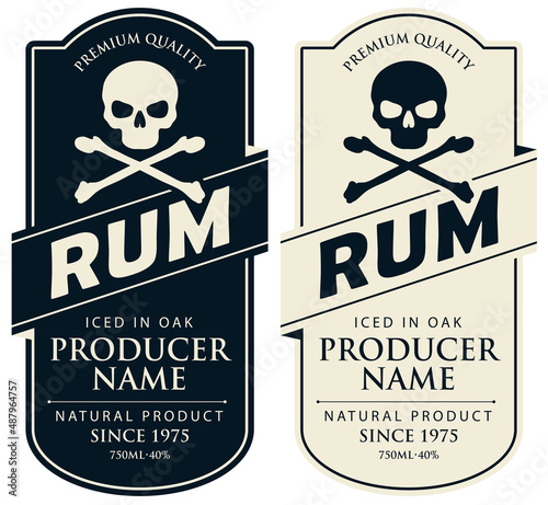 Set of monochrome vector labels for rum in figured frames with human skulls and crossbones in retro style. Pirates collection of strong alcoholic beverages premium quality, iced in oak