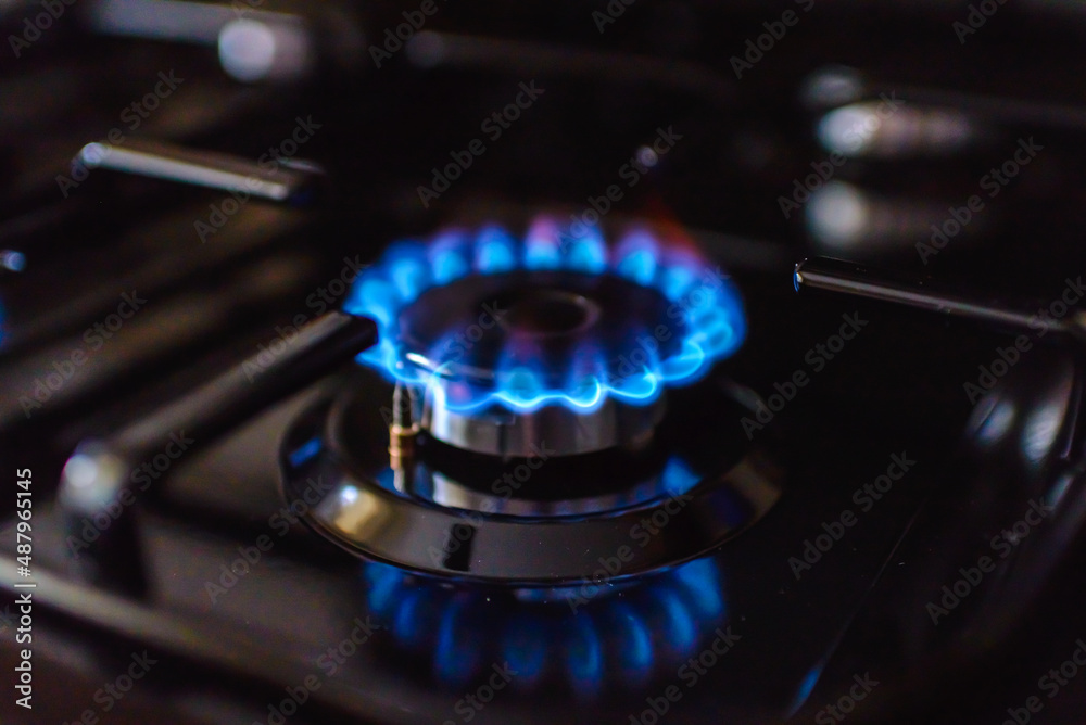 Gas burning from a kitchen gas stove at home.Gas flame with blue reflection.Close-up,selective focus.