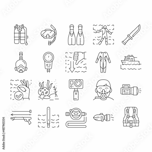 Diving Scuba Equipment Collection Icons Set Vector .