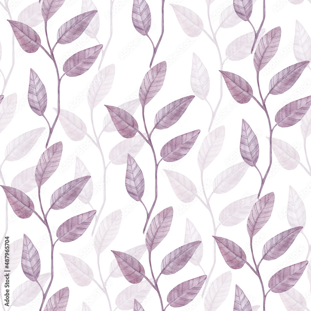 Fototapeta premium Seamless watercolor pattern with leaves and twigs. Hand painted leaves of different colors on a white background.