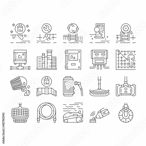 Pool Cleaning Service Collection Icons Set Vector .