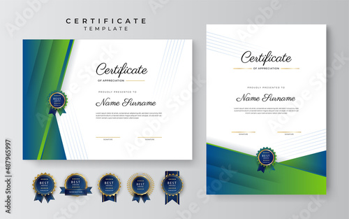 Modern elegant blue and green diploma certificate template
