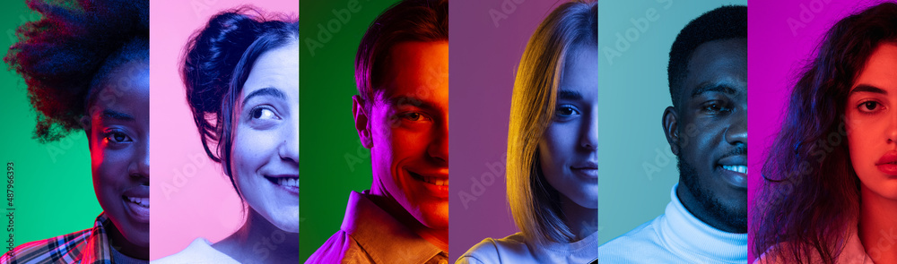 Fototapeta premium Multiethnic friends. Cropped portraits of people on multicolored background in neon light. Collage made of halves of faces of male and female models.