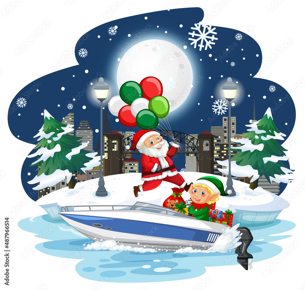 Naklejka premium Santa Claus and elf on a speedboat at snowy night