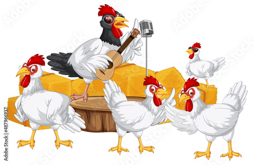 An isolated scene with a group of chickens in cartoon style