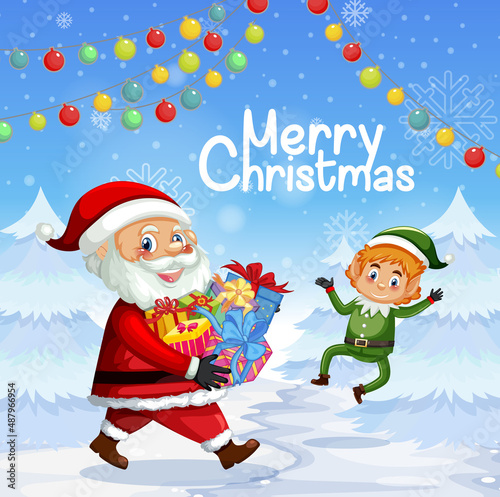 Merry Christmas poster design with Santa Claus and elf