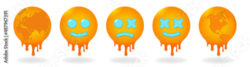 A set of volumetric bright orange soft icons with streams of liquid flowing down. Emotional emoticons in the form of a ball. Smile, sadness and hemispheres of the planet Earth