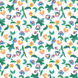 Fantastic flowers in a folkloric style. Intertwining greenery and leaves. Watercolor seamless pattern on white background.