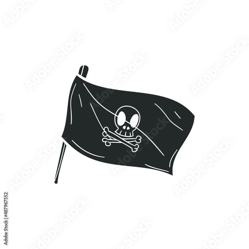 Pirate Flag Icon Silhouette Illustration. Crossbones Skull Banner Vector Graphic Pictogram Symbol Clip Art. Doodle Sketch Black Sign.