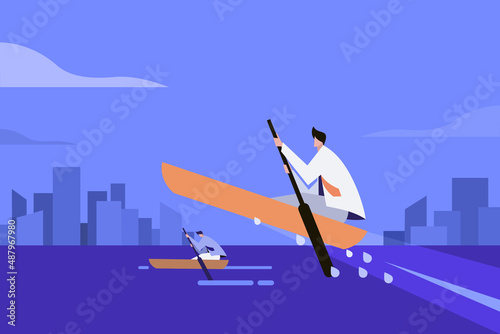 Conceptual illustration of a businessman taking his boat into flying mode to get ahead in the race