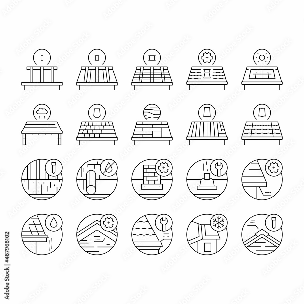 Roof Replacement Job Collection Icons Set Vector .