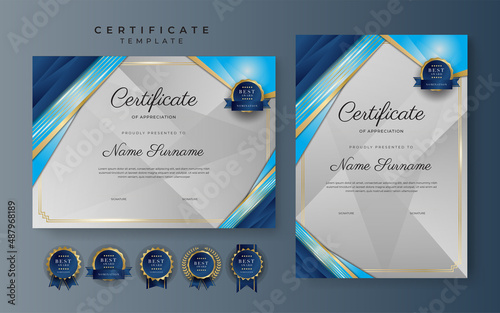 Modern trendy futuristic light blue certificate of achievement border template with luxury badge and modern line pattern. For award, business, and education needs