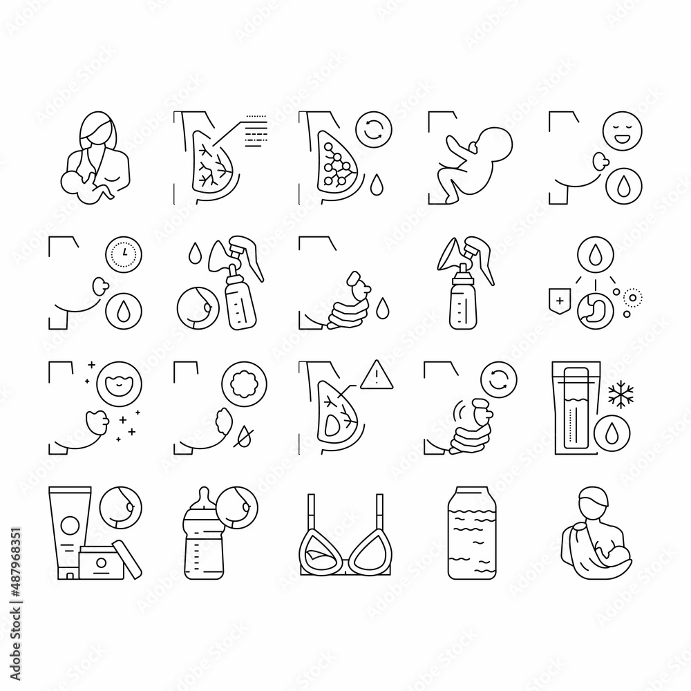 Breastfeeding Baby Collection Icons Set Vector .