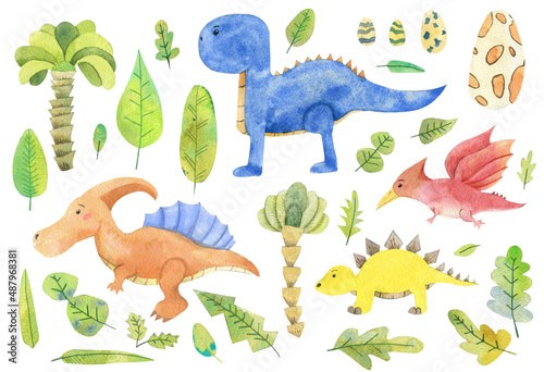 Set of watercolor drawings of dinosaurs. Colorful clipart in the style of children s drawings for any of your designs and ideas. For decorating children s things  clothes  interior elements and more.