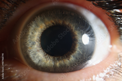 Macro human eye, dilated pupil of gray color, close-up retina photo