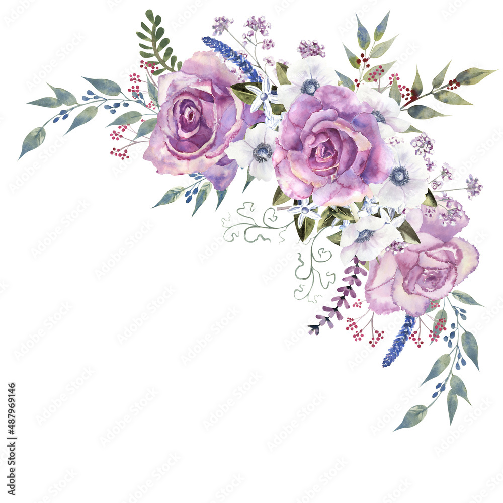 Flower bouquets with purple roses and anemones on a white isolated background. Hand-drawn watercolor illustration Flower bouquets with purple roses and anemones on a white isolated background. Hand-drawn watercolor illustration
