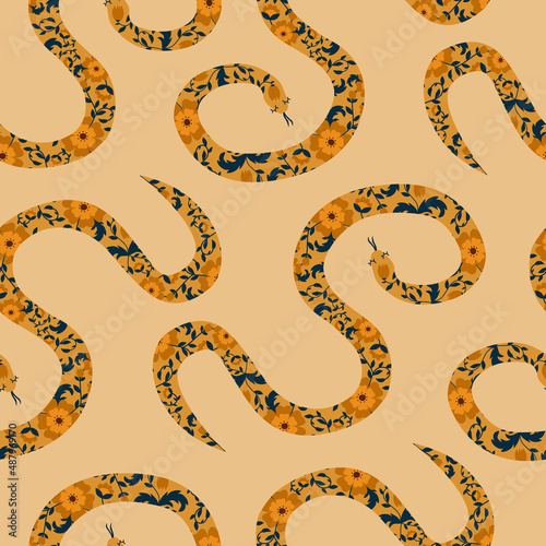 Snakes with floral ornament. Vintage flowers and serpent silhouette hand drawn vector illustration. Retro seamless pattern.