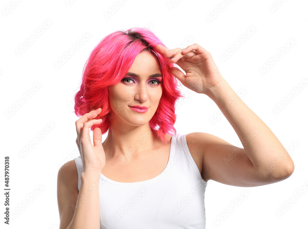 Stylish woman with bright hair on white background