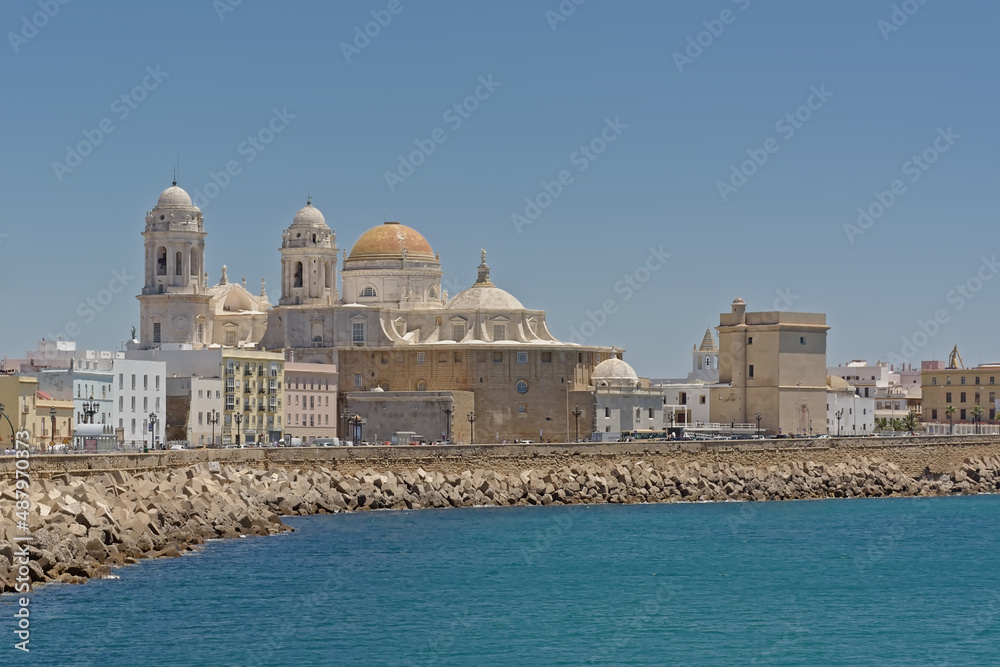 Santa Cruz cathedral of Cadiz, view from across the sea