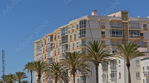Modern apartment buildings in pastel colors in Cadiz, Andalusia, Spain © Kristof Lauwers