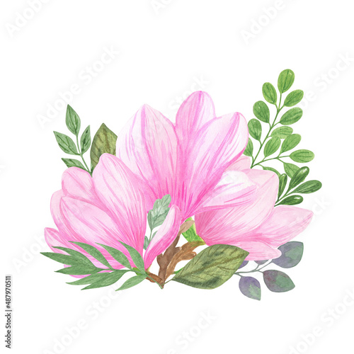 Magnolia flower  green leaves arrangement clipart  floral composition  bouquet with leaves and flowers simple watercolor illustration for greeting card  poster  trendy modern decor ideas