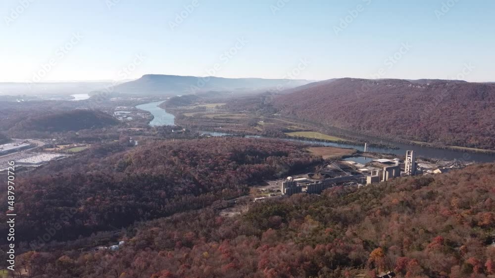 Chattanooga TN from Signal Mountain.Aerial view flying towards the city