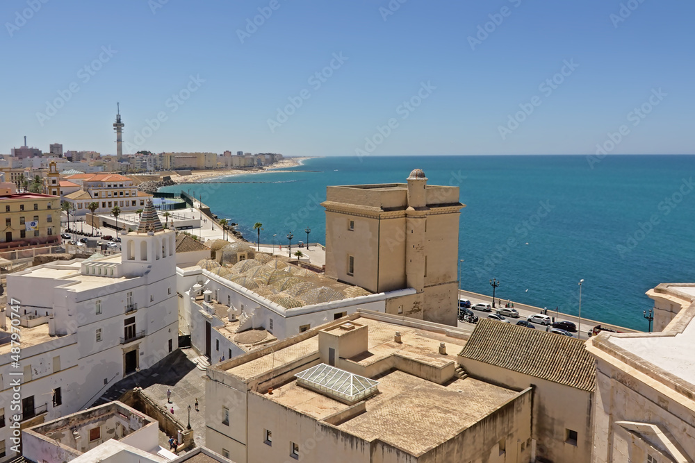  High angle view on the coastline of the city Cadiz, Andalusia, Spain 