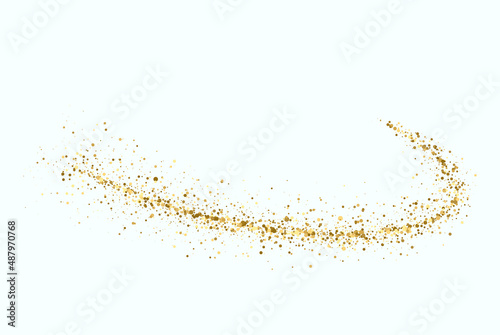 Golden shimmering wave with light effect isolated on white background. Glittering trail of stardust.