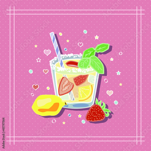 Lemonade in glass with mint and fruit, vector illustration