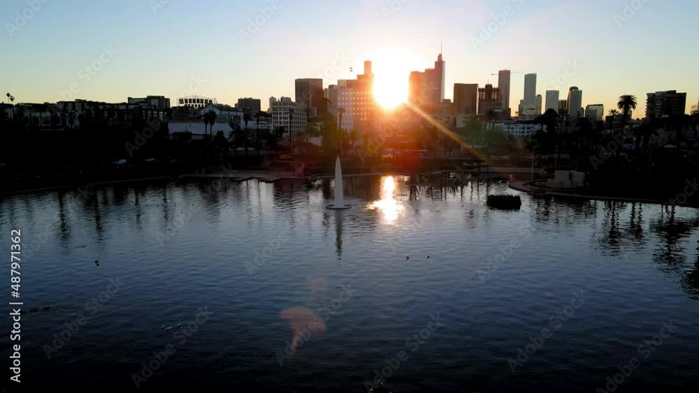 Aerial View of Sunrise at MacArthur Park, Los Angeles, DTLA Skyline Aerial View of Sunrise at MacArthur Park, Los Angeles, DTLA Skyline