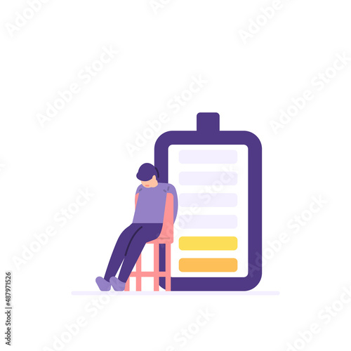 illustration of a man sitting languidly in a chair due to exhaustion, running out of energy. work, employees, staff. flat cartoon style. vector design. ui, element, landing page