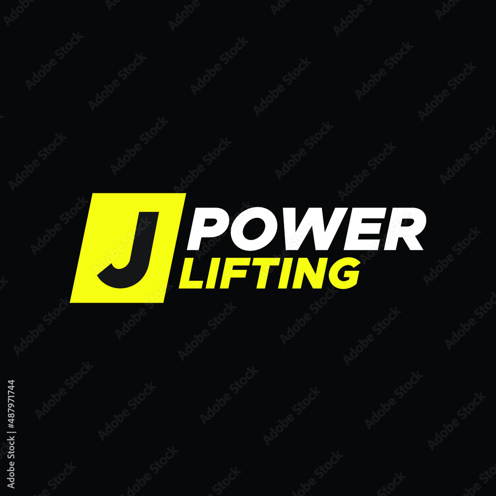 Letter J in square modern negative space logo. Fitness equipment letter symbol with text. Graphic alphabet symbol for sport identity
